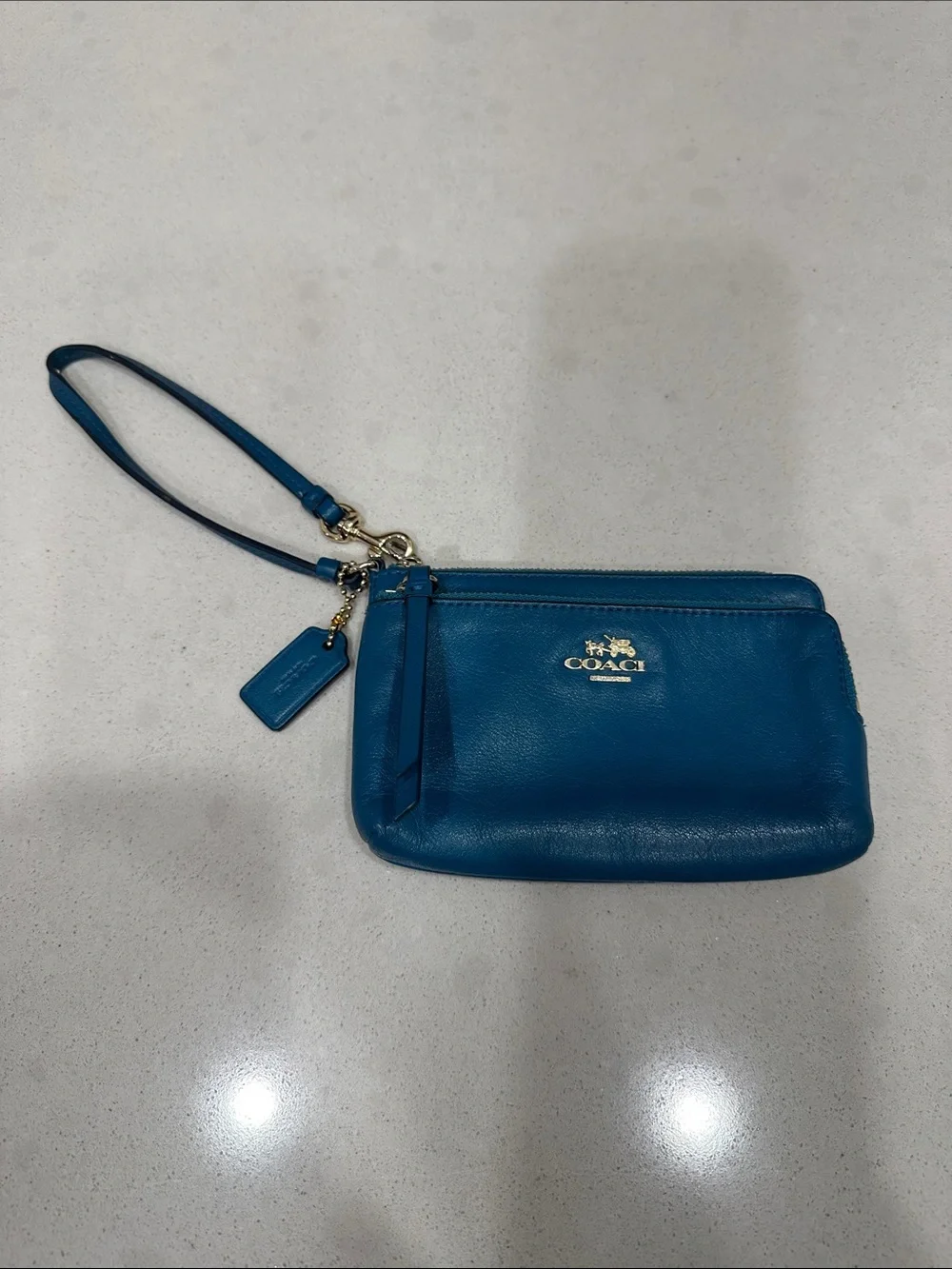 Coach Teal Leather Wristlet with Gold Hardware - Coach